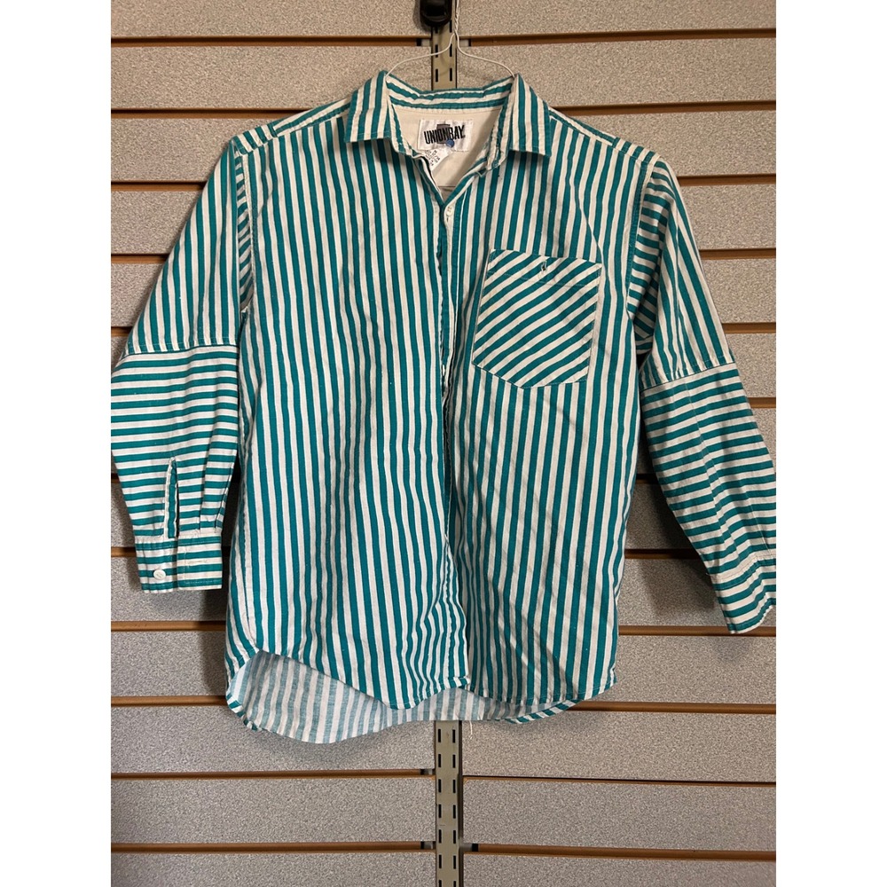 VTG Unionbay Kids Teal White Striped Button Down Shirt Long Sleeve Cotton M 12